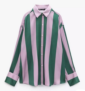 Striped shirt with green and pink vertical stripes on a white background