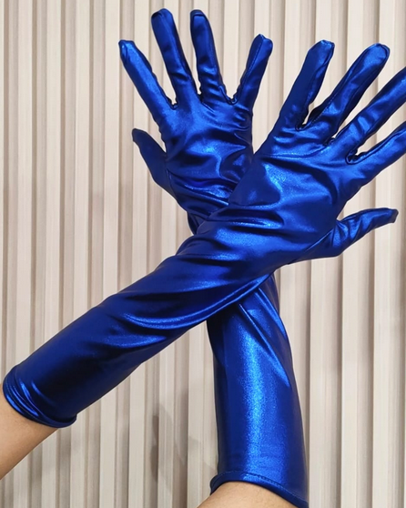 Pair of blue satin gloves held up against a neutral background