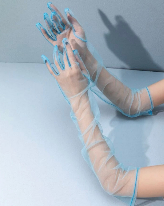 Transparent gloves with blue accents on a light gray background