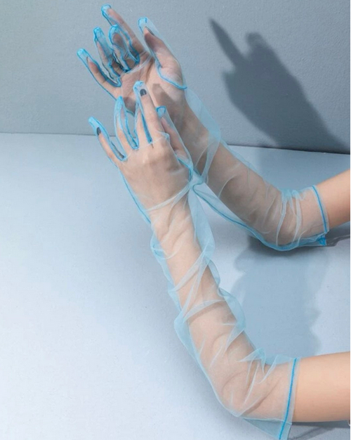 Transparent gloves with blue accents on a light gray background