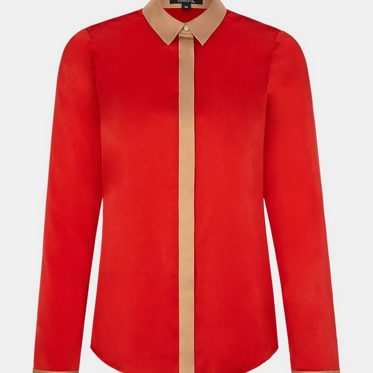 Red shirt with a beige collar on a white background