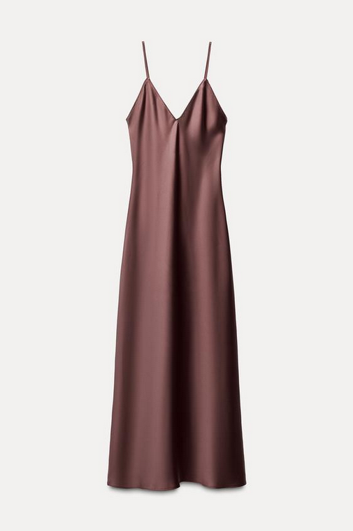 Mauve slip dress on a light gray background